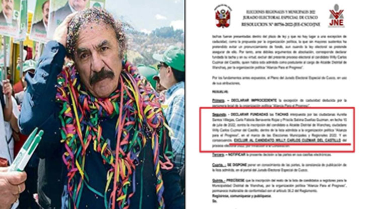 Declaran fundadas tachas interpuestas por ciudadanas contra candidatura de Willy Cuzmar del Castillo 